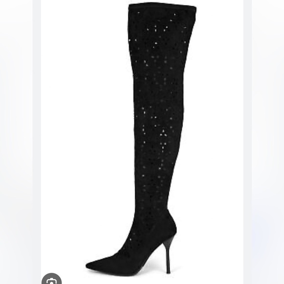Jeffrey Campbell Black Suede Perforated Tall Boots Stiletto Heel 6.5 - Picture 1 of 12